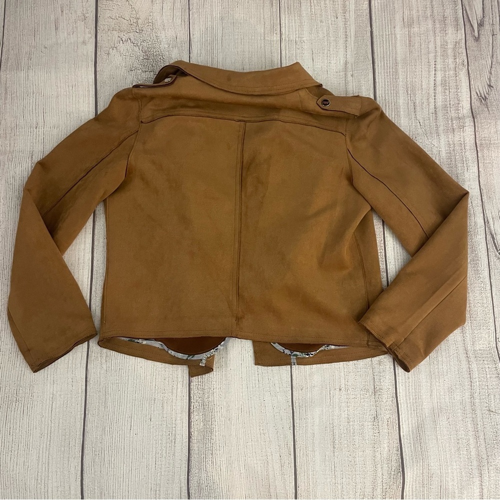 T TAHARI Women’s Camel Faux Suede Moto Style Blazer with Pockets Size Medium - Picture 8 of 10